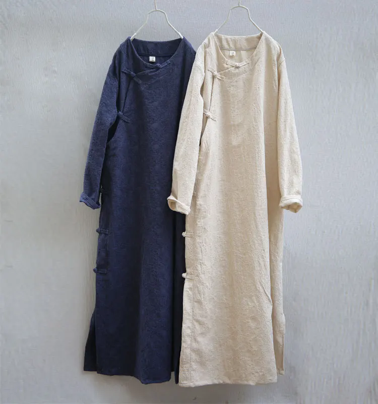 

Vintage Frog Buttons Floral Jacquard Women Cotton Linen Dress, High Quality Medium Thick Spring Autumn Classic Loose Dresses