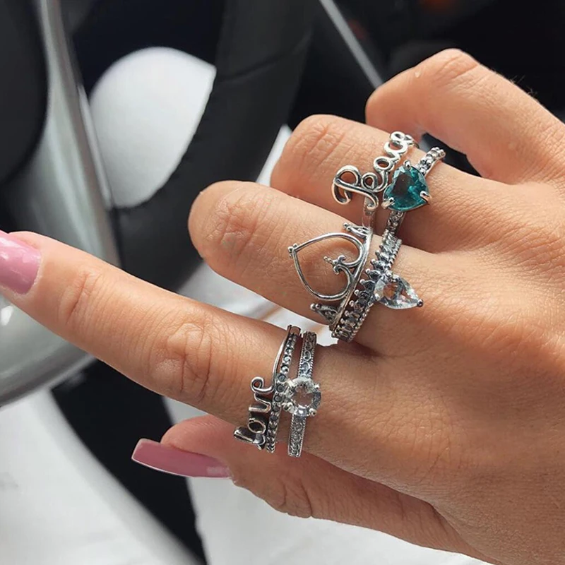 

6 Pcs/set Crystal Heart Love Letters Geometric Crown Silver Ring Set Women Engagement Party Jewelry Accessories