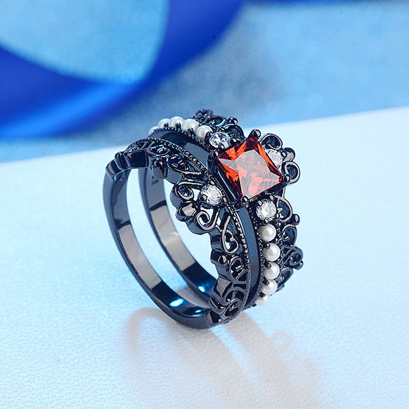 

Charm Imitation Pearl Crown Princess Rings Set Luxury Court Hollow Red Zircon Queen Rings for Women Wedding Jewelry Bague Femme