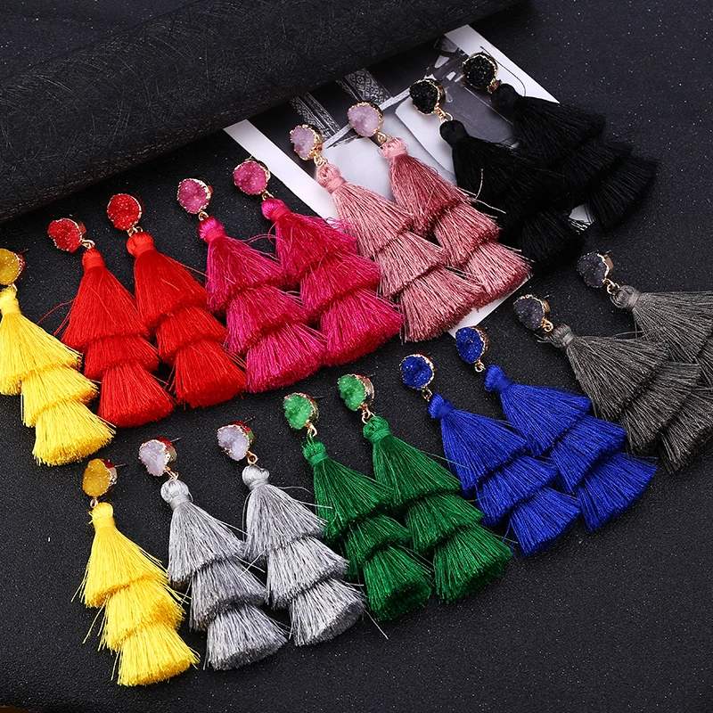 

HOCOLE 2019 New Crystal Tassel Earrings For Women Red Yellow Green Statement Long Drop Dangle Earring Tassel Female 2019 Jewelry