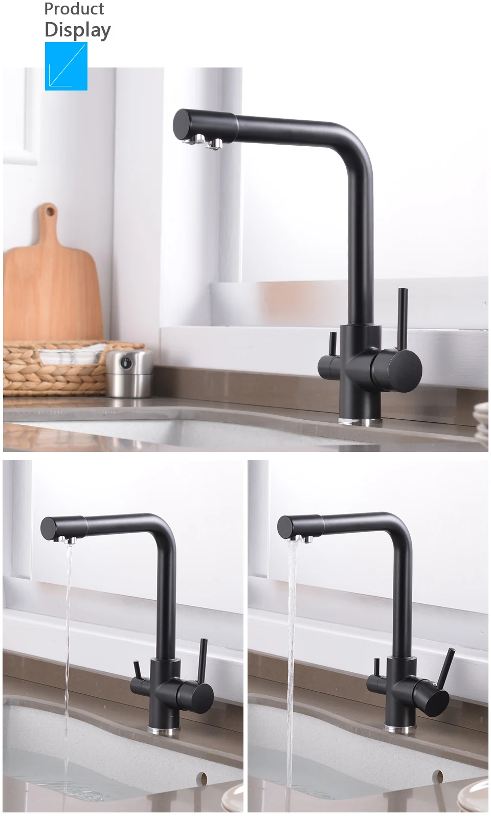 ROVATE Water Filter Kitchen Faucet Brass Black Modern Kitchen Drinking Water Faucet, Sink 3 in 1 Water Purifier Sink Faucet