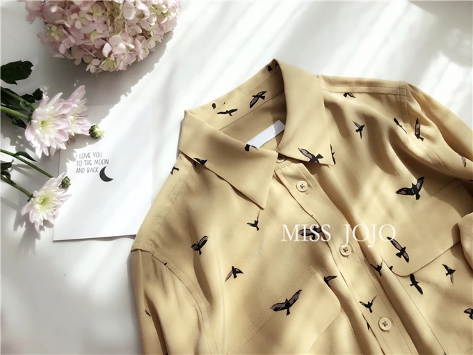 Новейшая модель EQ, шелк, женская рубашка с длинным рукавом и принтом летучей птицы, женская блузка, весна-осень