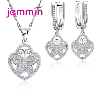 

New Hollow Heart Jewelry Sets Inset Butterfly Inlaid Full White Crystal 925 Sterling Silver Women Necklace Earrings