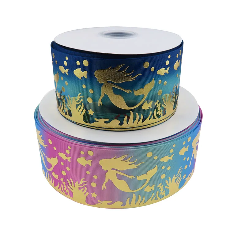 

3''(75mm) hologram gold mermaid printed grosgrain ribbon for decoration bows DIY crafts gift packing accept customized order