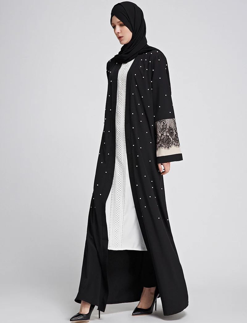 Плюс Размеры мусульманских Для женщин Перл Кружева платье модные Турции Дубае открытым Абаи Кафтан Исламская черного цвета с длинными