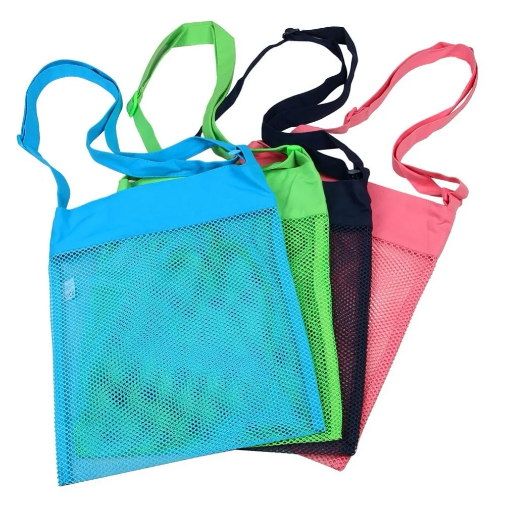 Colorful Mesh Beach Bags 11.4 x 13.7inch Breathable Sea Shell Bags with Adjustable Carrying Straps (4 PC Set)