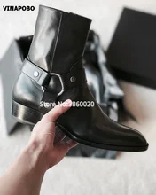 2018 VINAPOBO 黒本革バックルストラップチェーン男性フラットチェルシーブーツ弾性バンド Pactchwork 足首の靴高級ブランド(China)