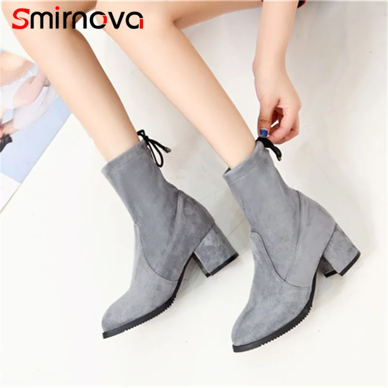 

Smirnova NEW fashion 2020 large size 33-43 flock boots simple autumn winter thick heels ankle boots butterfly knot boots ladies