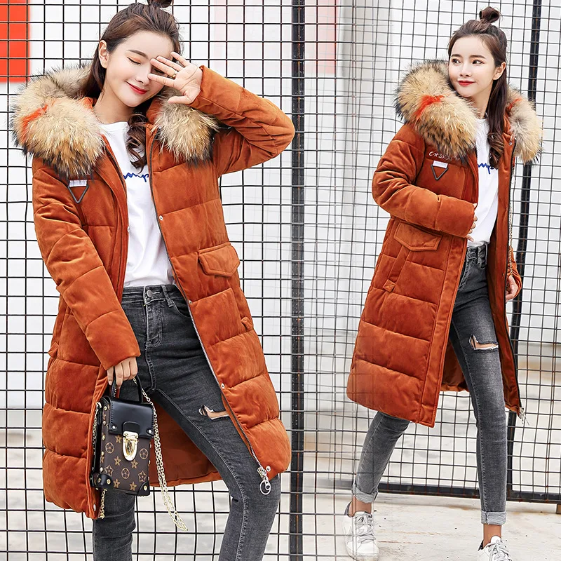 Moda color oro terciopelo tela mujer invierno ropa gruesa suelta algodón largo sección Cuello de piel Chaqueta de algodón abrigo - 2