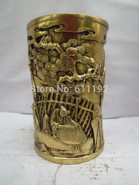 

Art collectible Asian Home decor brass Brush Pot,Unique Gift handmade Man and goose Pen Holder