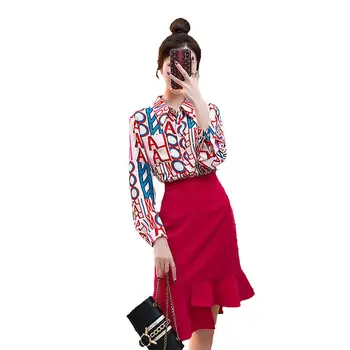 

Retro Shirt 2 Piece Set Women Spring Autumn Vintage Elegant Letter Printed Blouse Tops+ High Waist Slim Ruffles Skirt Sets J64