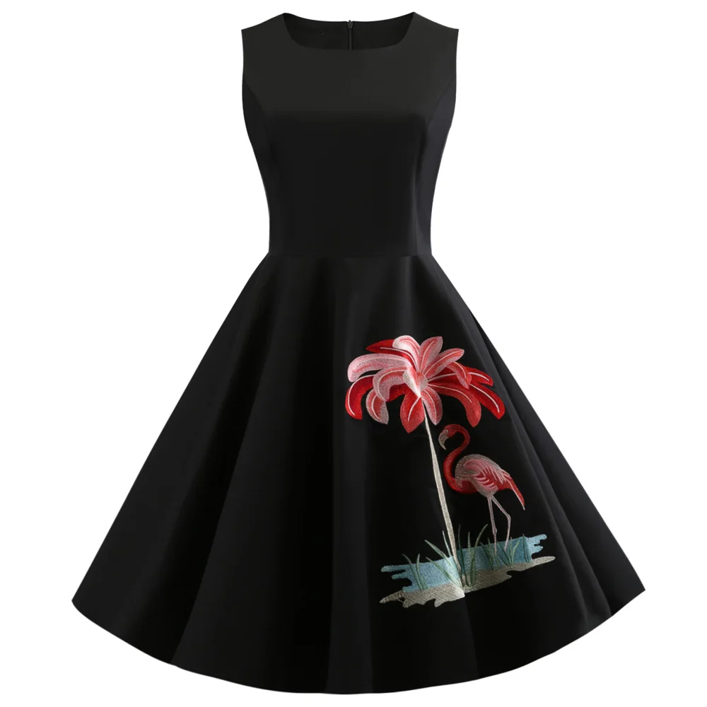 

Retro Flamingo Embroidery Vintage Party Dress Women Plus Size Retro 50s Rockabilly Robe A-Line Pin Up Dresses Feminino Vestidos