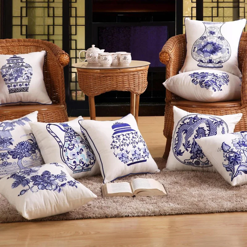 Decorative Cotton Cushion Cover in Chinese Blue white Porcelain,43X43Cm
