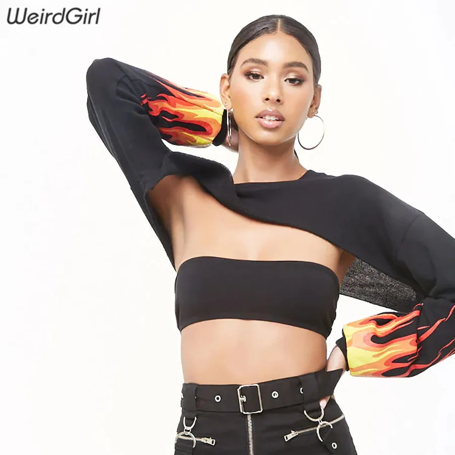 Weirdgirl مثير أزياء تي شيرت طويلة الأكمام س الرقبة عارية الذراعين النار طباعة فام تيز المحاصيل قمم مرونة ضئيلة الشارع الشهير الصيف جديد Weirdgirl مثير أزياء تي شيرت طويلة الأكمام س الرقبة عارية الذراعين النار طباعة فام تيز المحاصيل قمم مرونة ضئيلة الشارع الشهير الصيف جديد