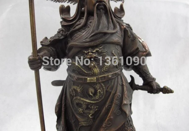 

xd 001004 15 Chinese Bronze Copper Nine Dragon Guan Gong Yu God 5 flags Hold Sword Statue