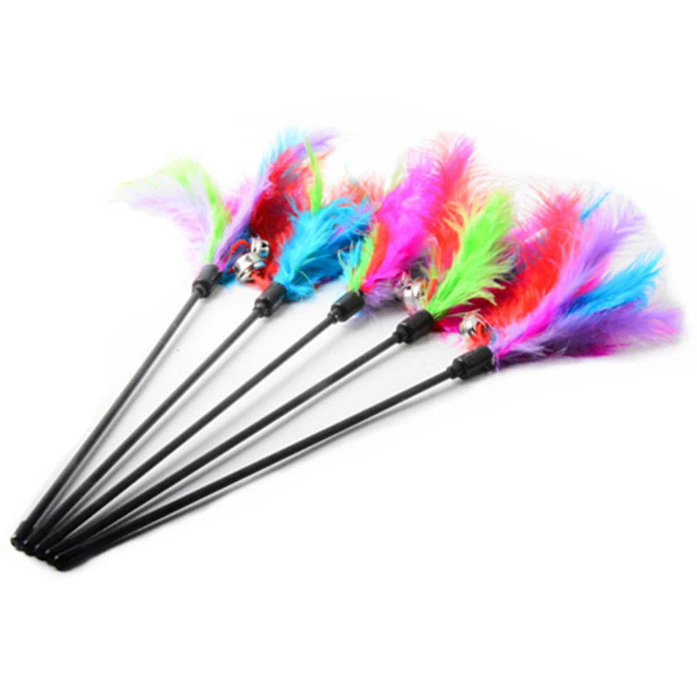 New Coming 41cm Colored Feather Cat Teaser Stick With Bells Training