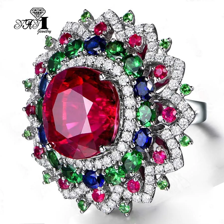 Jewelry Princess Cut Red Corundum Gemstones Zircon Silver Color Engagement Wedding Party Precious Rings