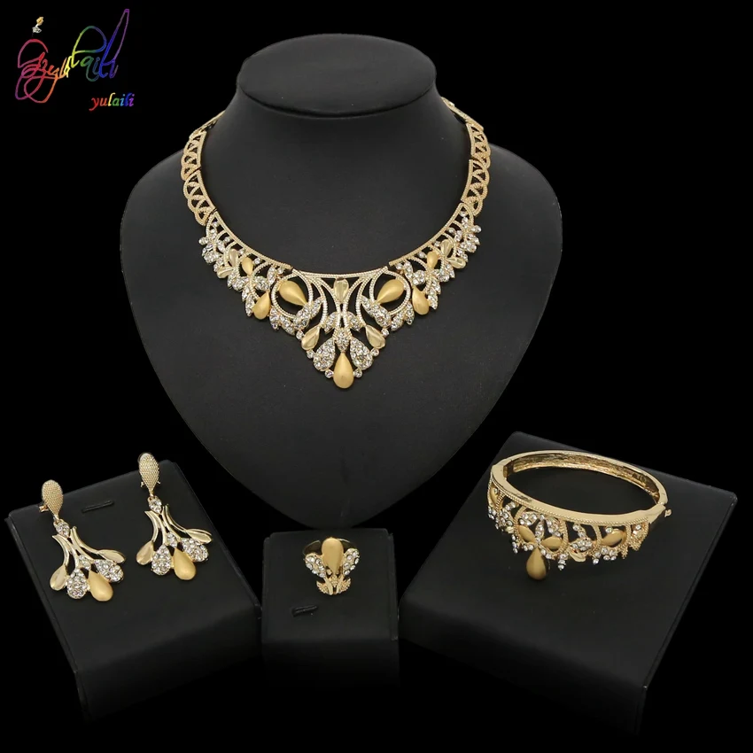 

Yulaili New Multilayer Gold Crystal Pendant Earrings Necklace Bracelet Ring Jewelry Bridal Wedding Party African Jewelry Set