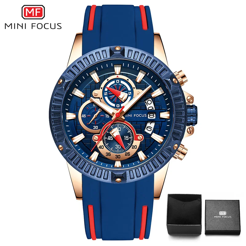 Мини-фокус Для мужчин часы лучший бренд класса люкс Хронограф Водонепроницаемый спортивные мужские часы резиновой подошве в стиле милитари наручные часы relogio masculino - Цвет: Синий