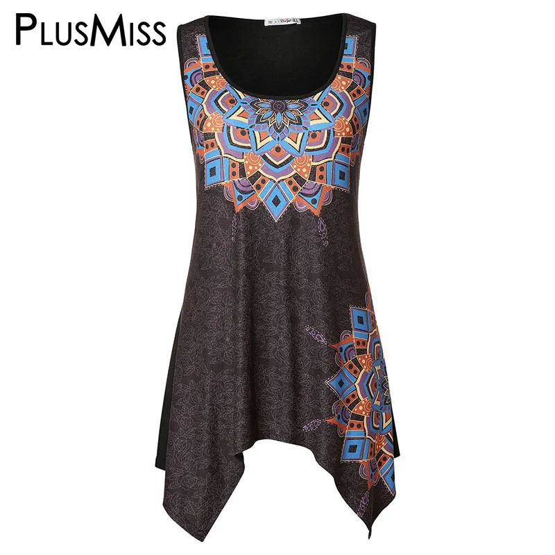 

PlusMiss Plus Size 5XL Ethnic Boho Tribal Printed Tank Tops Women Large Size Sleeveless Asymmetrical Vests Summer XXXXL XXXL XXL