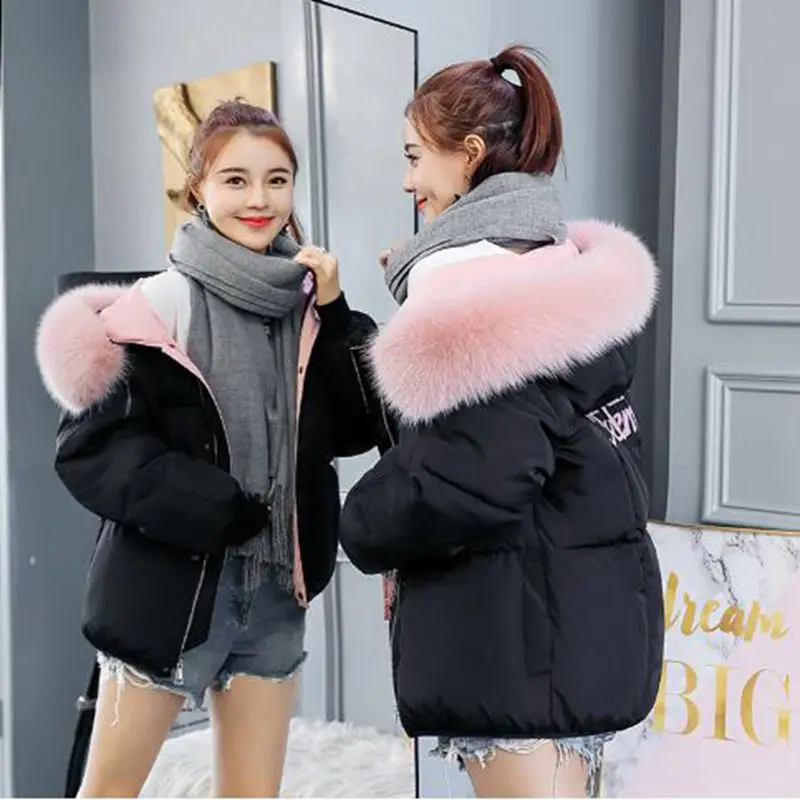 Brieuces Short Coats & Jackets Slim Women Parka Winter Fur Collar Hooded Coat Female Knitting Autumn Warm Outwear Overcoat Parka