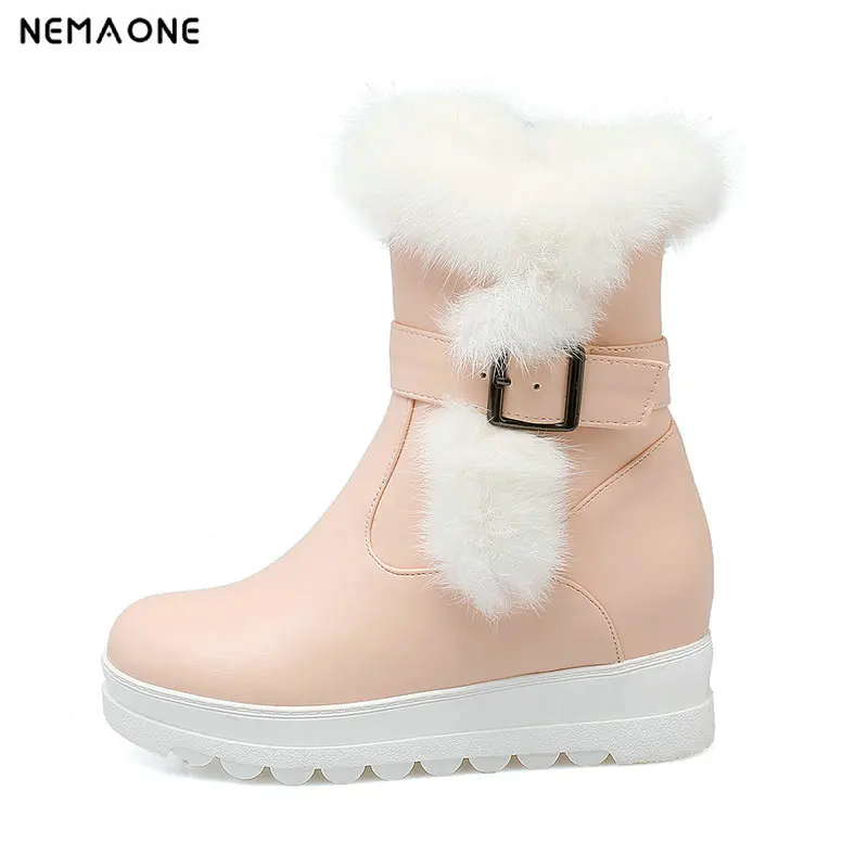 

White pink beige Winter Women Snow Boots For Lady Round Toe Wedges ankle boots Winter warm girl's shoes large size 42 43