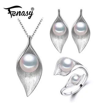 

FENASY Natural Pearl Jewelry Sets 925 Sterling Silver Pendant Necklace For Women Leaf Pearl Earrings And Wedding Party Rings