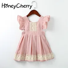 Летнее платье для маленьких девочек; платье принцессы с кружевными вставками; детское платье с рукавами-крылышками; Одежда для маленьких девочек; Платья с цветочным узором для девочек