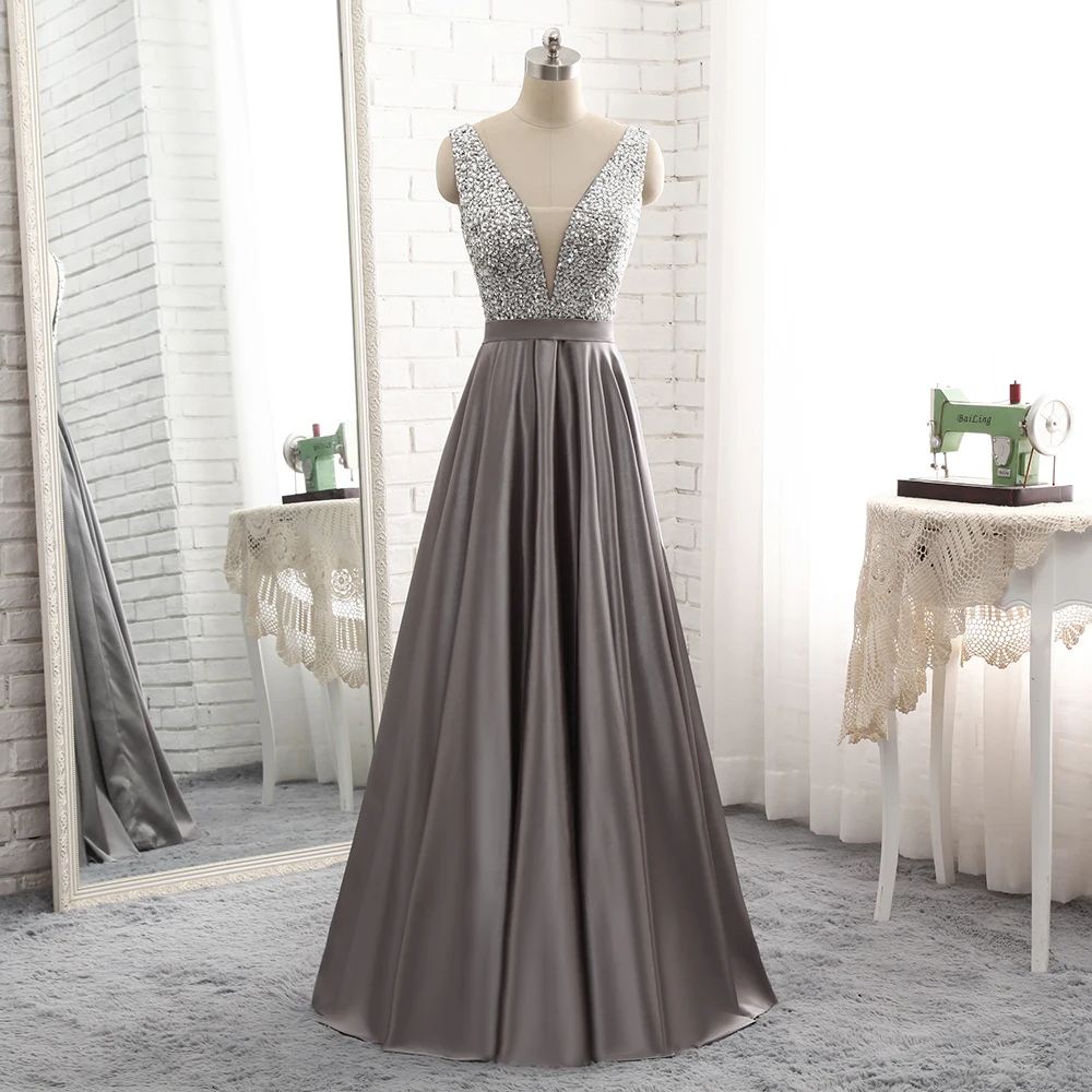 

2019 Sexy V Neck Beading Backless Long Robe De Soiree Shiny Sequin Pleated Satin A-line Prom Dresses Backless Prom Party Gowns