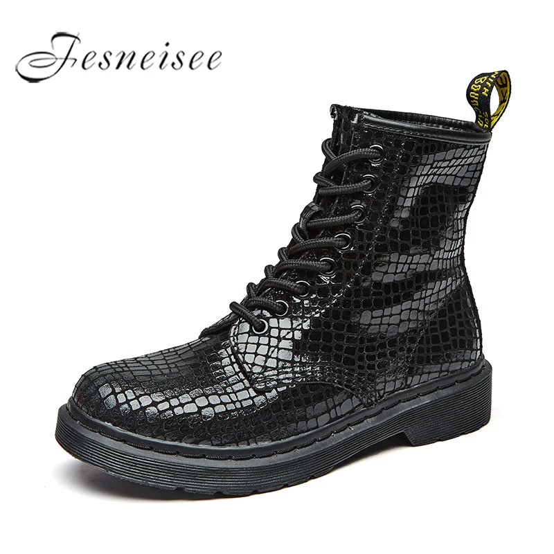 FESNEISEE Women Shoes Spring Autumn Bright Black Martin Boots Lace Up