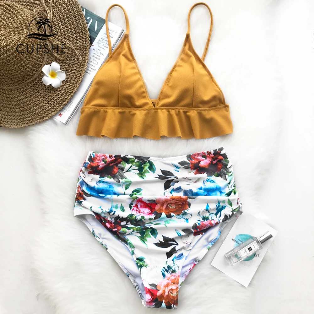 Preise CUPSHE Rose Ruffled Saum Bikini Set Frauen Flora V ausschnitt Hohe taille Zwei Stück Badeanzug 2020 Mädchen Strand Badeanzug bademode