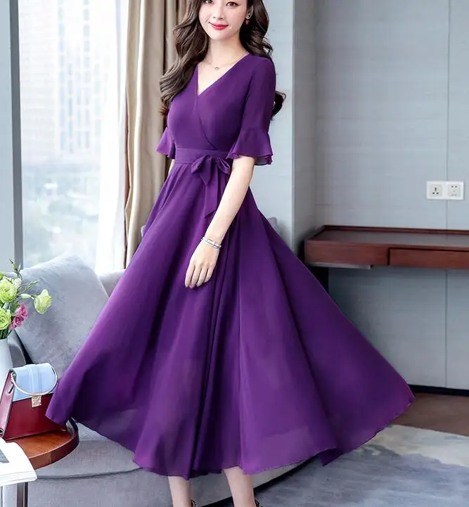 

2019 Summer Dress Temperament V Collar Bowknot Swagger Chiffon Beach Long Dress