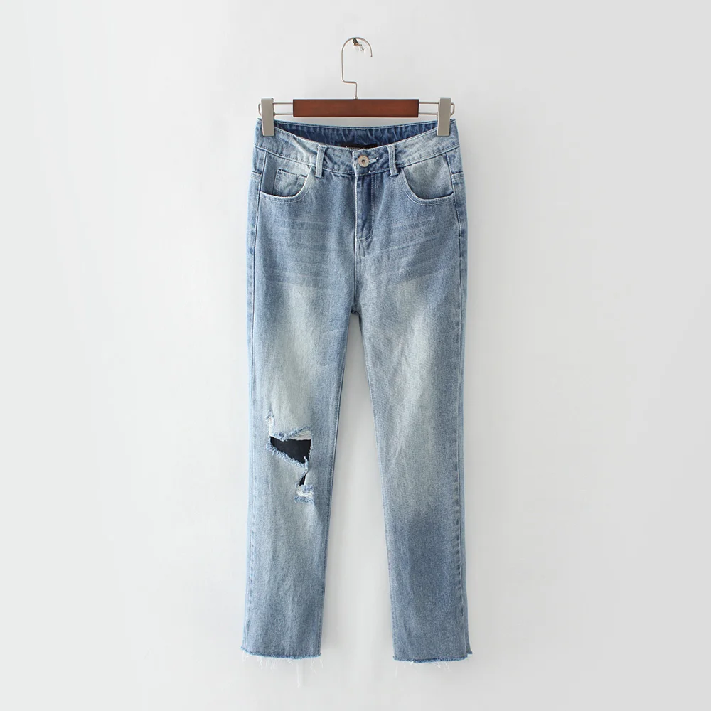 2017 New Fashion Style Women Wear White Washed Jeans Worn Holes In