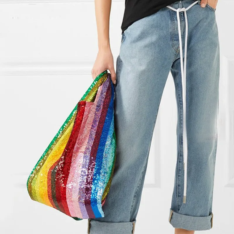 

Luxury Handbags Colorful Rainbow Sequins Totes Women Bag Party Evening Clutch Bags Ladies Beach Bag Banquet Glitter Tote Stripe