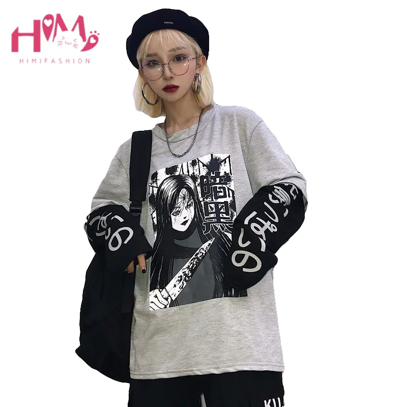 

Japanese Harajuku Anime Kawaii T Shirt Korean Gothic Comic Cartoon Women Long Sleeve Tops Oversize Fake Two Piece Couples Clothe