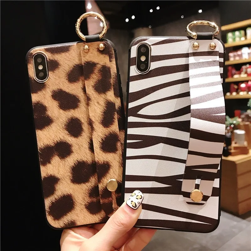 

for iPhone 6 6s 6 plus 7 plus 7 8 Stripe Case with Wrist Band Vintage Leopard Print Case for iPhone XS MAX XR XS X Soft TPU Case