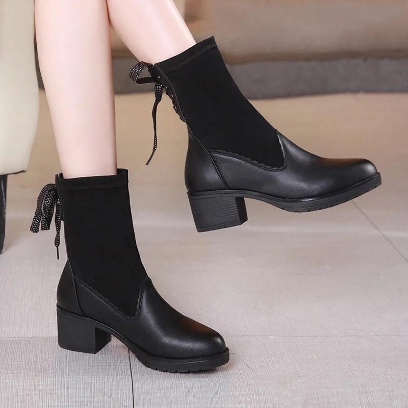 

Size 33 - 43 Mid Heel Elastic Black Short Boots Women Round-toed Mid-boots Winter