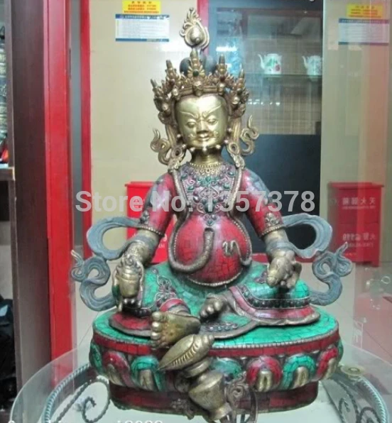 

shitou 00293 Tibet Fane Old Bronze Copper inlay turquoise coral Yellow Jambhala Buddha Statue
