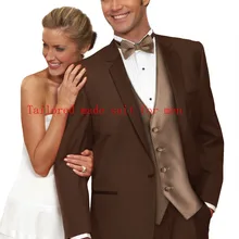 Мужские Формальные темно-коричневые Свадебные платья жениха смокинг загрузки на заказ бизнес вечерние костюмы выпускного вечера(куртка+ брюки+ жилет+ галстук