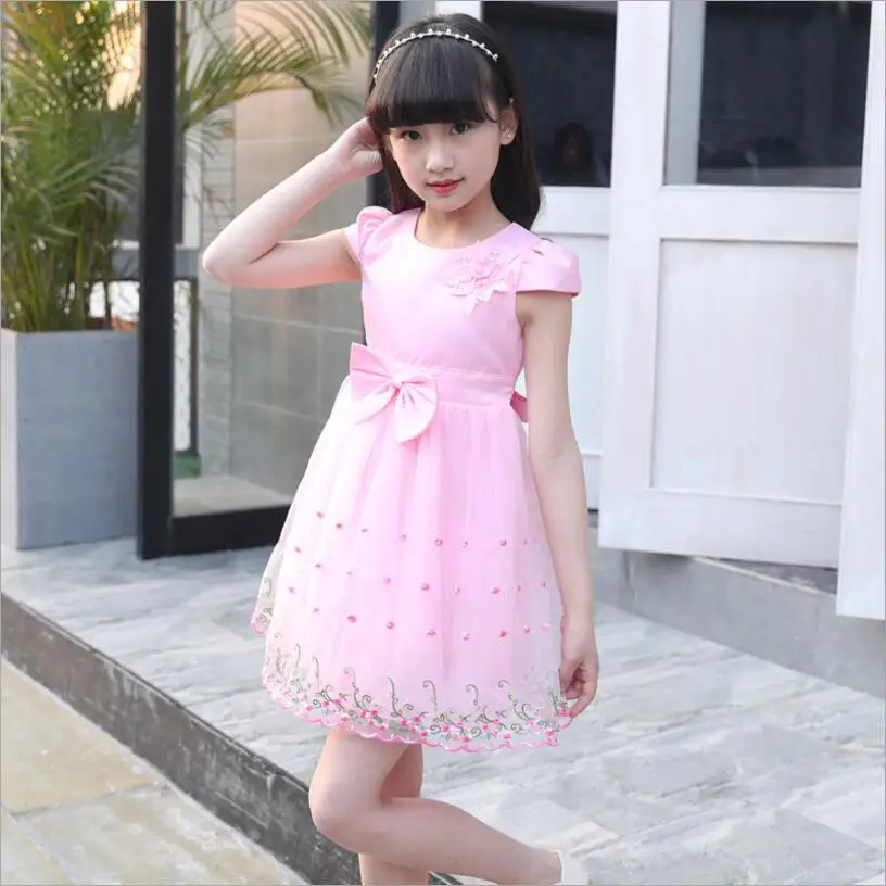 Summer Children's Dresses Girls Fashion Embroidered Mesh Bow Dress Kids