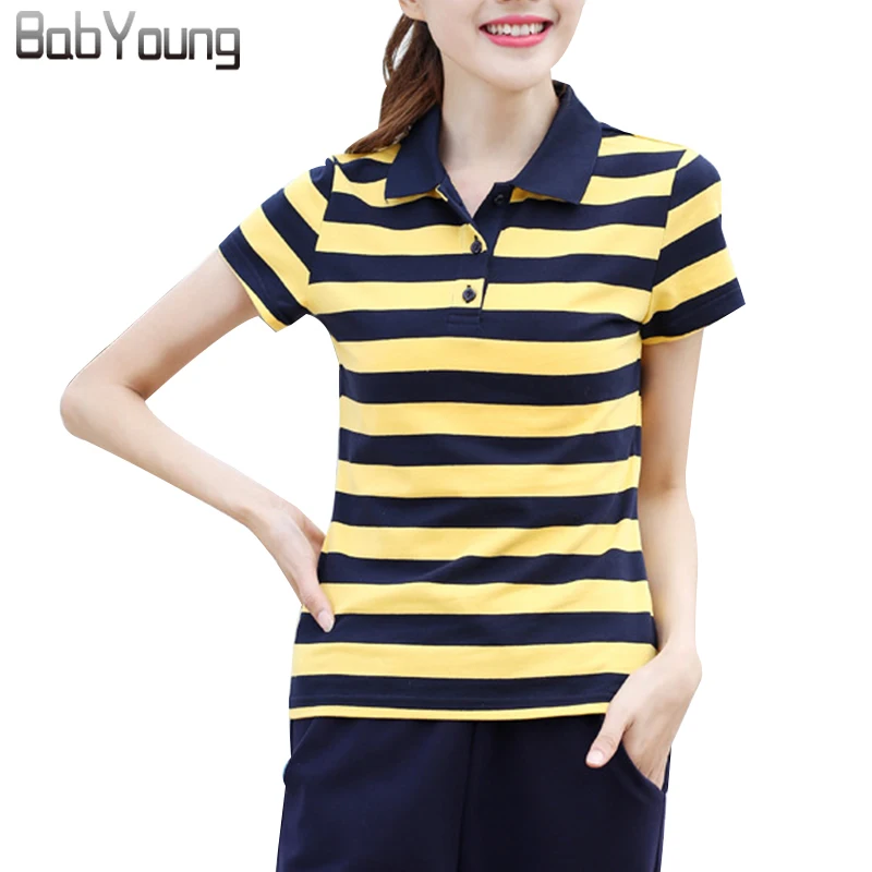 BabYoung 2017 Verão Mulheres Camisas Pólo de Algodão Da Listra Cor Hit Camiseta de manga curta Encabeça Mujer Fino Respirável Plus Size 6XL