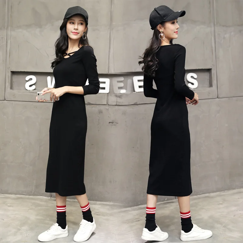

Women's Black Dresses Super Elastic M-3XL Plus Size Inside Dress Fashion OL Sliming All Match O-Neck Long Sleever Dress