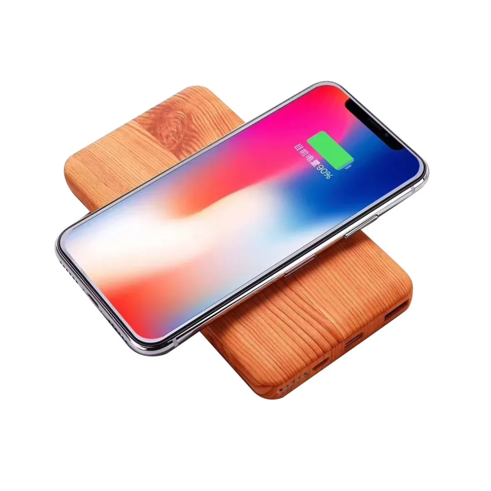 Wood Design Wireless Charger 10000Amh Power Bank Portable USB Type C Qi Wireless Charging Pad Power bank for iPhone X 6 7 8 Plus