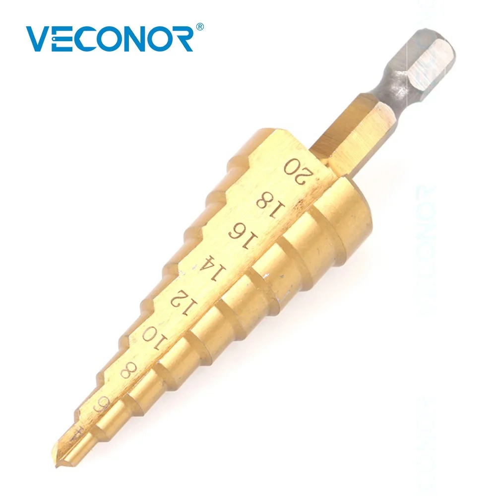 Veconor 4-20mm impact HSS step cone drill bit titanium nitride coated hole cutter tool set 1/4