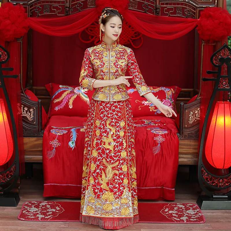 Роскошное древнее Королевское красное китайское свадебное платье, традиционная вышивка невесты, Cheongsam, женские вечерние платья с восточным драконом Фениксом