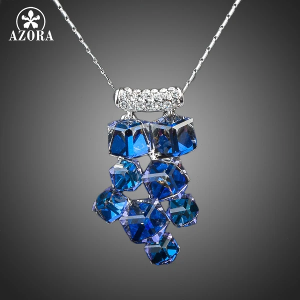 Platinum Plated 8pcs Bule Cube SWA ELEMENTS Austrian Crystal Pendant Necklace FREE SHIPPING Azora TN0078
