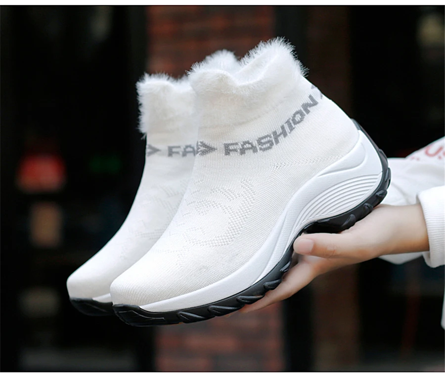 2019Winter Women Sneakers Fashion Platform Wedges Shoes Woman Slip-on Snow Boots Ladies Warm Fur Sock Boots Shoes Big Size 41 42