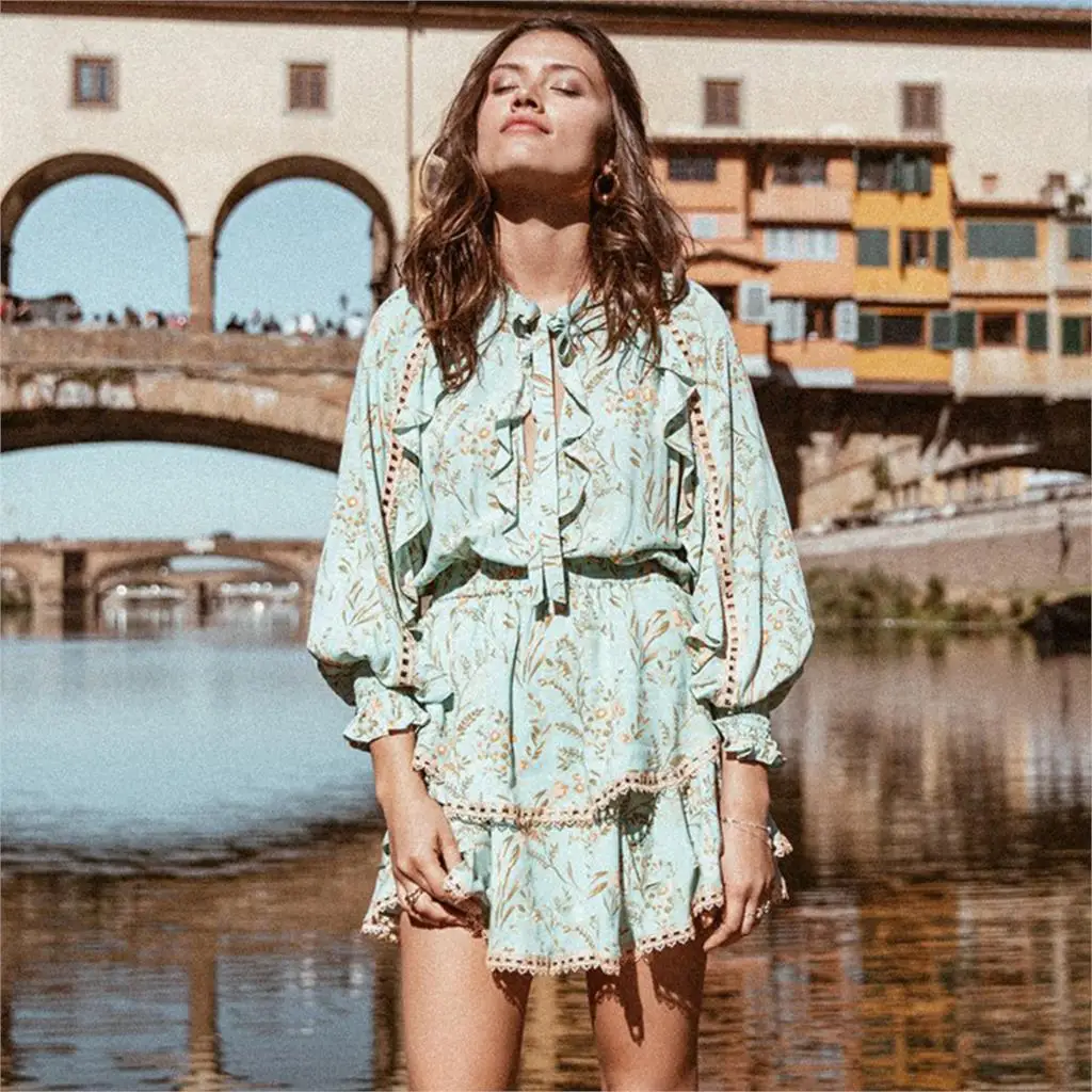 

Turquoise Vintage Playdress Women Long Sleeve Ruffle V neck Chic Dresses Summer Clothes 2019 Beach Hippie Boho Floral Mini Dress