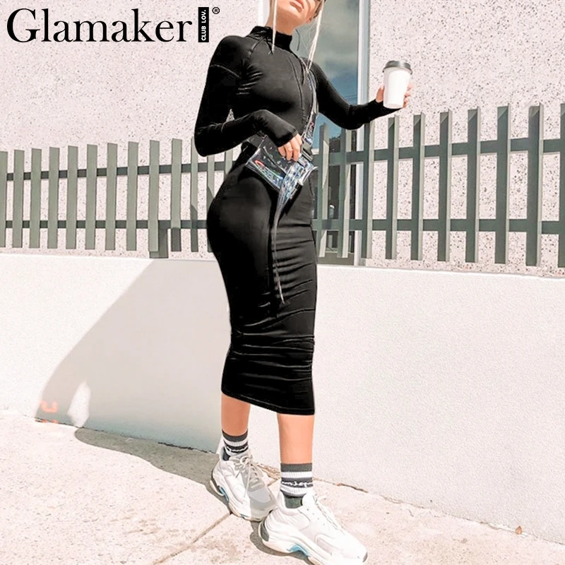 Glamaker черное сексуальное облегающее платье с длинным рукавом женское весеннее повседневное элегантное платье макси с круглым вырезом