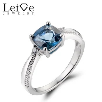 

Leige Jewelry Natural London Blue Topaz Gem November Birthstone Cushion Shape Prong Setting Engagement Carve Rings 925 Silver